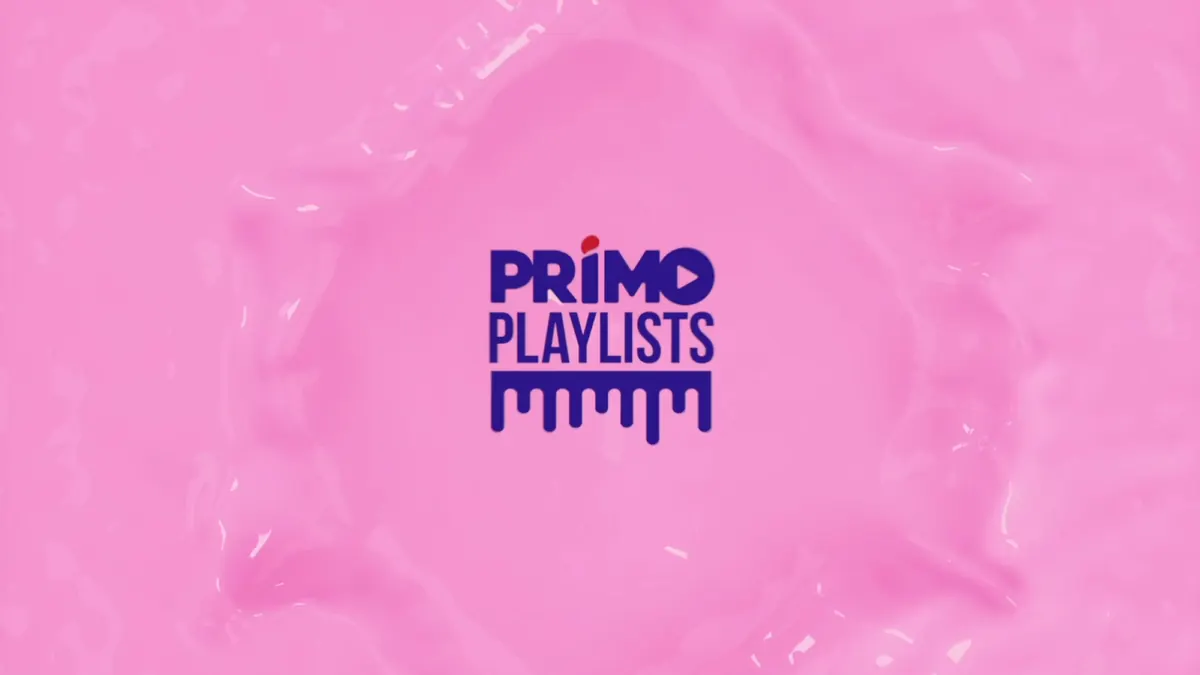 Primo Playlists logo in a pink milk splash